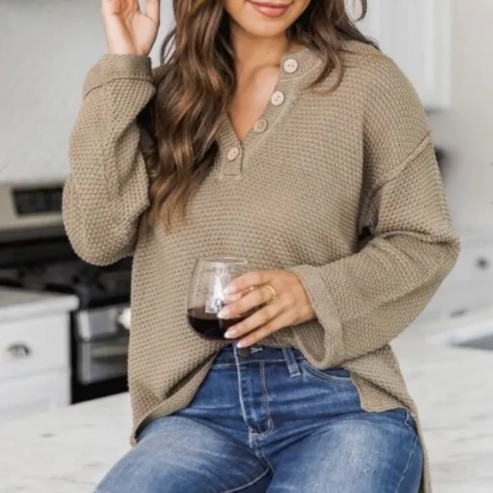 Pink Lily Passionate Soul Long Sleeve Knit Henley Sweater Top Chunky Small